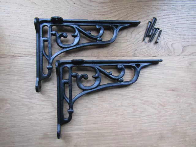 PAIR of 9" VICTORIAN style Cast iron antique Rustic vintage shelf brackets BLACK