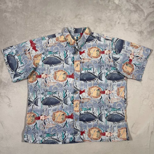 Kahala Shirt Mens 2XL Blue Fishes Hawaiian Cotton Button Up Short Sleeve Casual