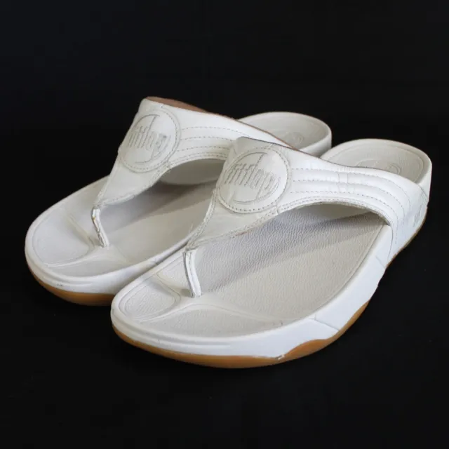 FitFlop Walkstar Sandals Womens Sz 10 Oyster White Leather Wedge Flip Flop Thong