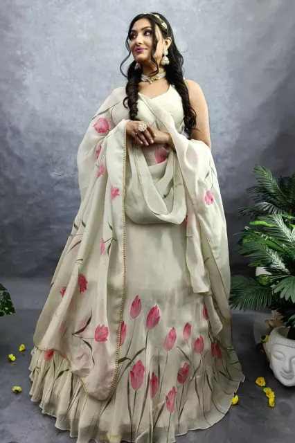 Hand-Painted Flowers Tulip Organza Lehenga With Sleeveless Blouse And Dupatta