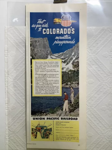 Vintage Union Pacific Railroad Colorado Mountains Print Ad June 1952 Holiday