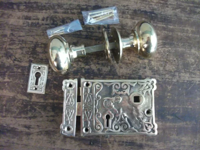 fancy ornate brass rim lock & knob set   victorian style bathroom latch 2