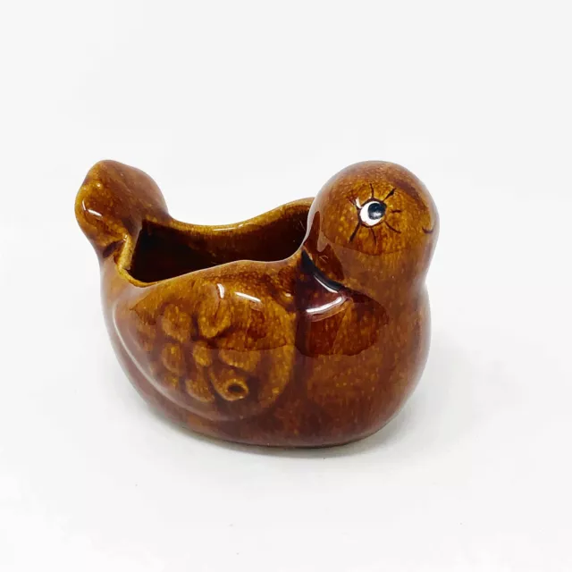 Kiln Art Pottery Planter Smiling Bird Shiny Brown Glaze Vintage Made In Canada
