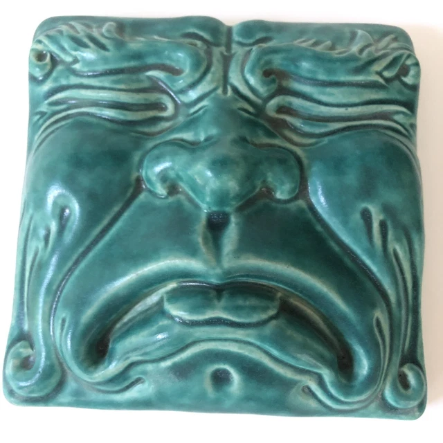Pewabic Pottery Art Wall Tile Tragedy Detroit 2003 Blue Green Man Face USA Vtg