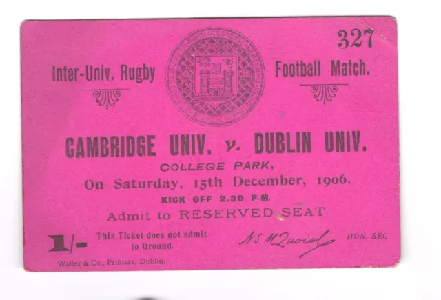 Rugby Union Cambridge University v Dublin University Ticket 1906