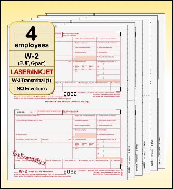 2022 IRS TAX Form W2 Wage Stmts 4 employees LASER + (1)W3 W2TRADS605