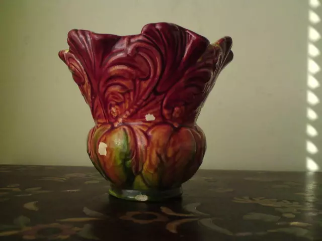 19th c Bretby Art Pottery small Jardiniere green red yellow glaze Planter Pot