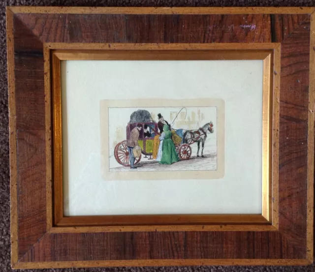 antique 19th century hand tinted lithograph wood frame English? women carriage