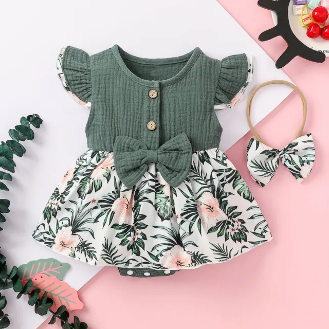 Toddler Baby Girls Floral Outfits Romper Tops Skirt Headband Set Infant Clothes
