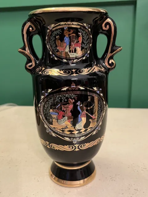 Adis Vintage Amphora Black and 24k Gold Hand Made Small Greek Vase Accent Decor