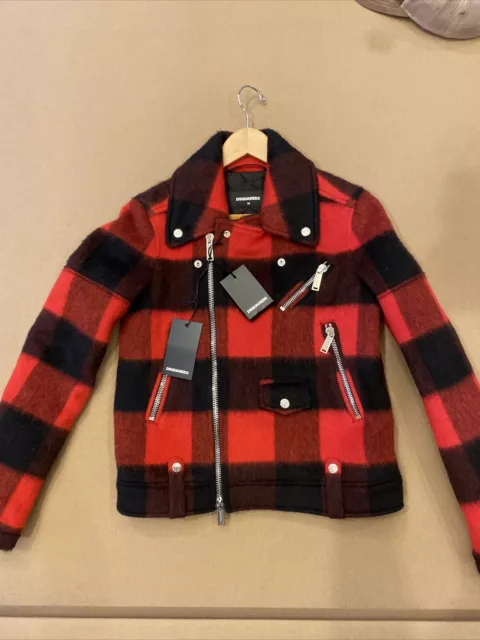 Red and Black Buffalo Plaid Wool Dsquared2 Womens biker style moto jacket 38 NWT