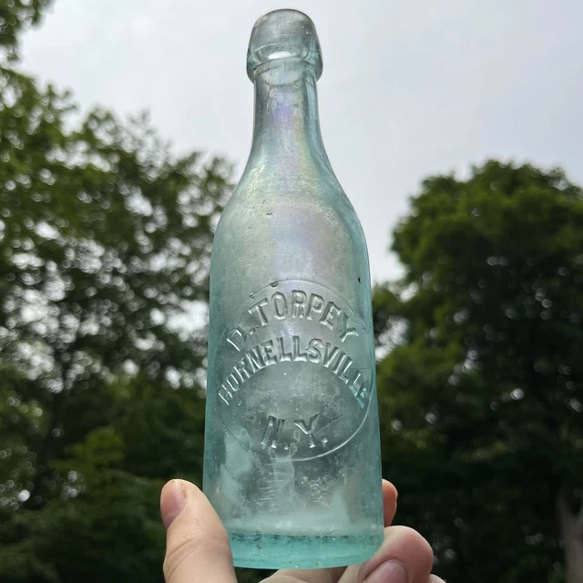 RARE Antique Hornellsville NY Blob Top Soda / Beer Bottle D. Torpey Aqua Glass