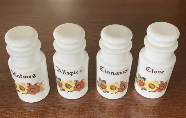 Vintage Milk Glass Italian Spice Jars - Allspice, cinnamon, Nutmeg and Clove