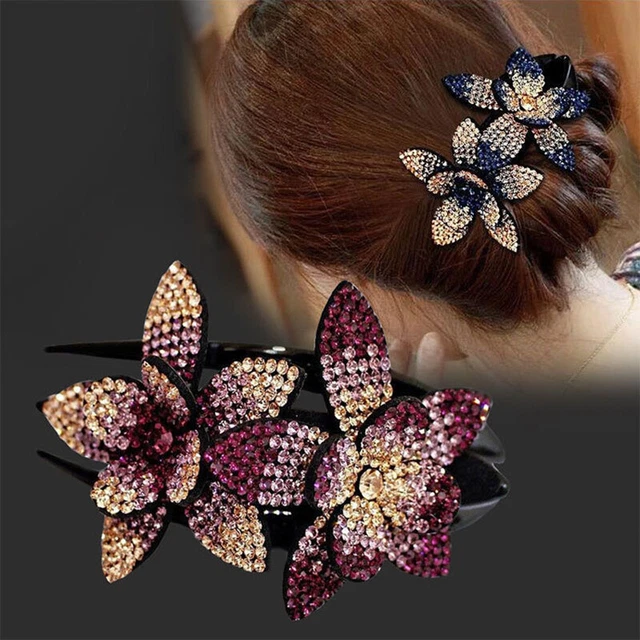 Women Rhinestone Flower Duckbill Clip Hair Claws Grip Elegant Hairpin Barrettes