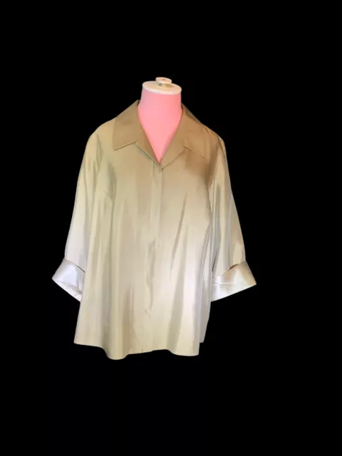 Kate Hill Festive Holiday Gold Silk Blouse Sz 16W Button Front 3/4 Sleeves