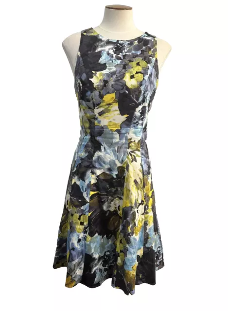 Maggy London Sleeveless Dress Cocktail Yellow Black Floral Fit Flare Size 8 EUC