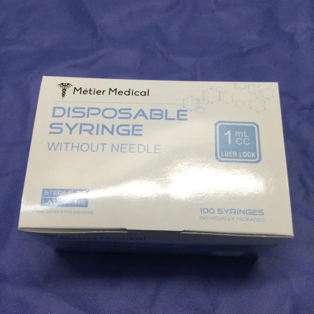 Métier Medical 1ml/cc Luer Lock Sterile Syringe (No Needle) 100 Box - T1693