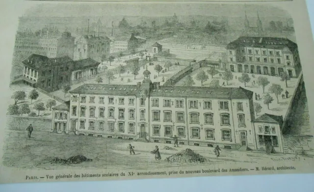 Gravure 1867 - Paris Vue des batiments scolaires duXIè arrondissement Amandiers