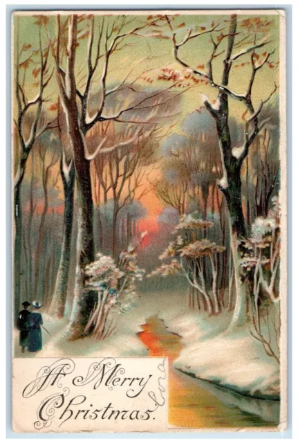 1909 Merry Christmas Woman Trees Winter Embossed Columbus Ohio OH Postcard