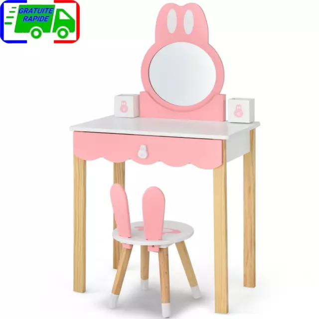 Coiffeuse avec Tabouret pour Enfants Miroir Amouvible avec 1 Tiroirs 2 Boîtes de