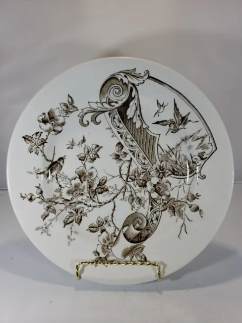 Aesthetic Movement Brown Transferware Staffordshire Dinner Plate Melrose Bird