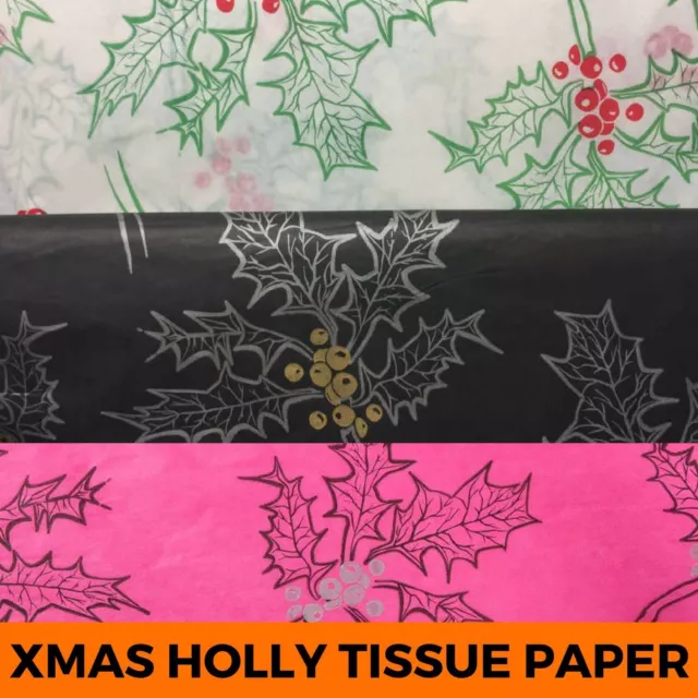 Christmas Holly Acid Free Tissue Paper Plain Patterned Xmas Gift Wrapping Sheets