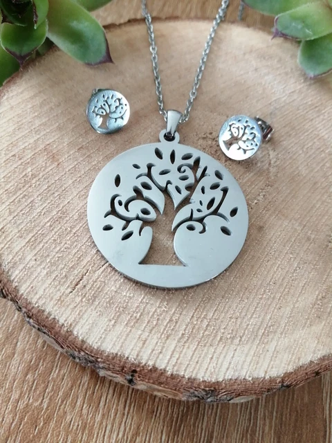 Parure Collier Et Boucles D'Oreilles Arbre De Vie – Acier Inoxydable – Zircon – Cadeau Femme