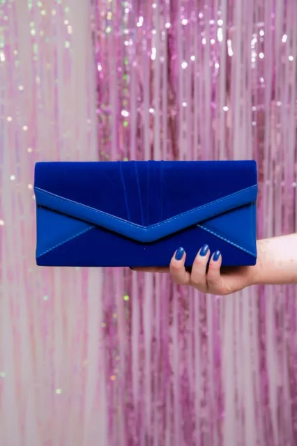 Borsa a tracolla in velluto verniciato blu vernice stile vintage anni '80 sera