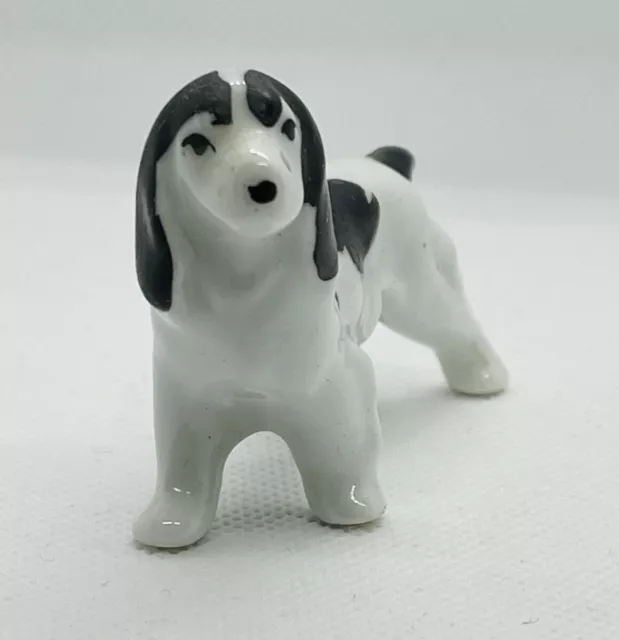 Vintage Black & White Ceramic Spaniel Dog Figurine Marked Foreign 2" Long