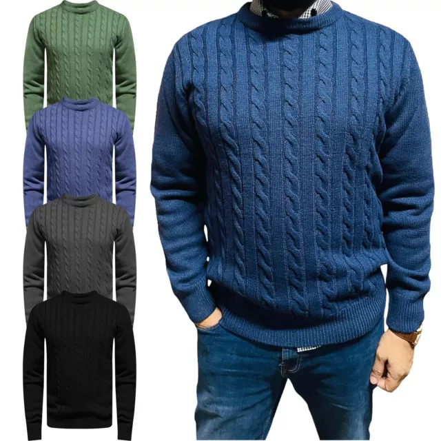 Mens Chunky Cable Knitted Jumper Crew Neck Pullover Jumper Thick Warm Sweater