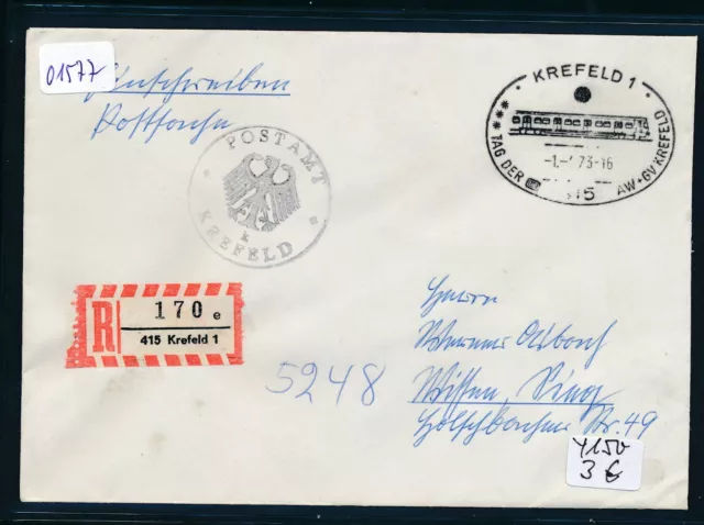 01577) Reco-Postsache mit RZ 415 Krefeld 1 e, SST Tag der DB, Eisenbahn 1973