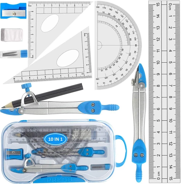 Geometrie Set, 10 Stück Mathematik Set – Zeichenkompass & Winkelmesser, Set mit