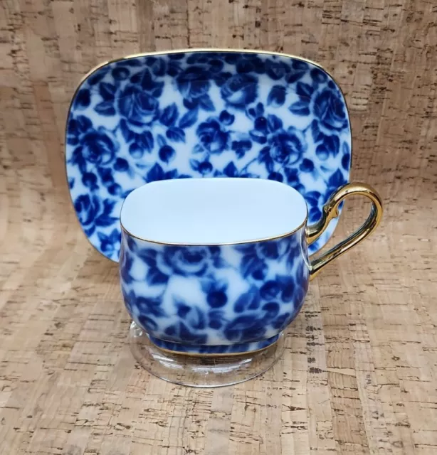 ROYAL DANUBE #1866 Calico Porcelain Tea Coffee Cup & Saucer Blue Roses Gold Rim