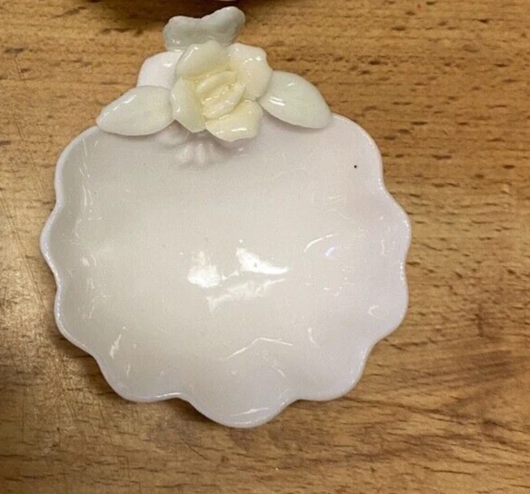 Vintage Scalloped Shell Yellow Pastel Floral Porcelain Open Salt Dip 2 1/2"