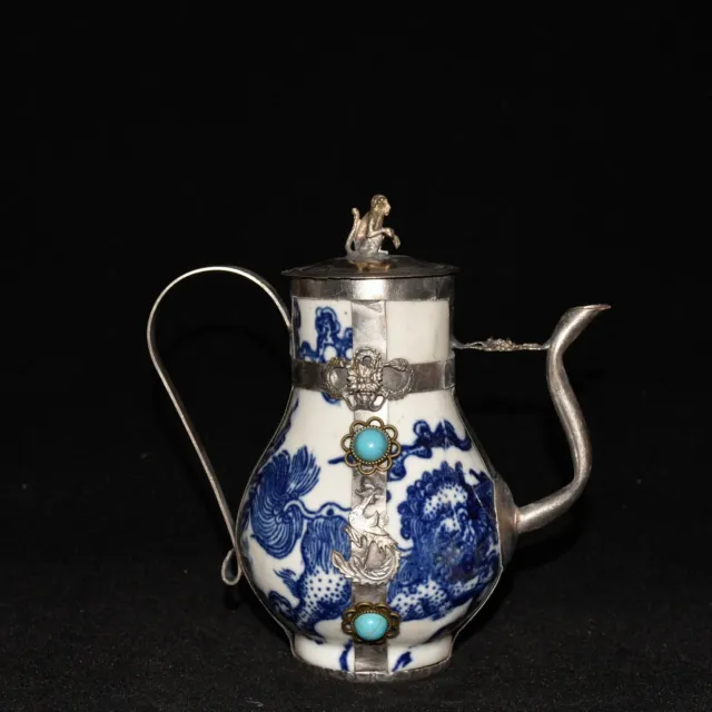 Collect Old China porcelain plated tibet silver plated lion pattern wine pot