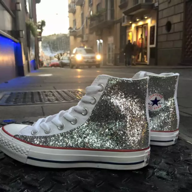 Converse all Star Bianche personalizzate con tessuto Glitter argento Clean