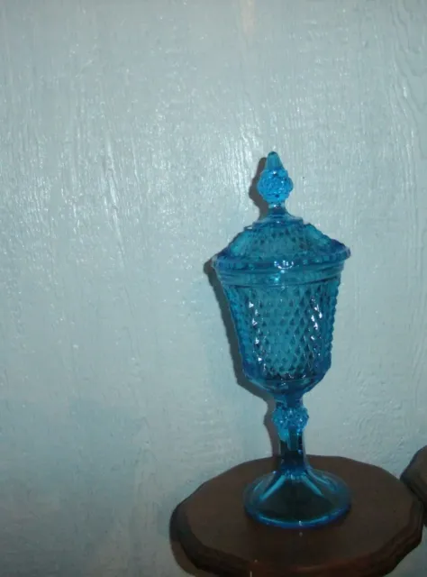 Big Blue Carnival Pedestal Bowl & Lid Diamond Cut Pressed Glass 16" Tall 💎 3