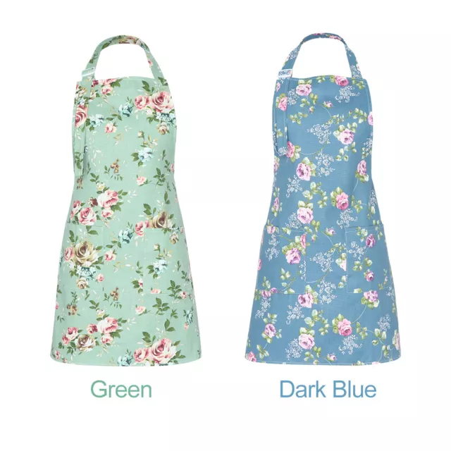 Home Sturdy Kitchen Apron For Women Adjustable Strap Floral Print With Pockets