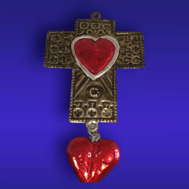 Handcrafted Mexican Hanging Heart Tin Cross Mexico Metal 15cm Folkart  Crucifix