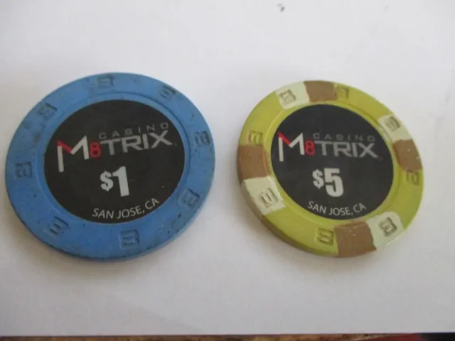 Lot Of 2 Matrix Casino Chips San Jose . 1.00 And 5.00 Ave Used Cond. Obsolete