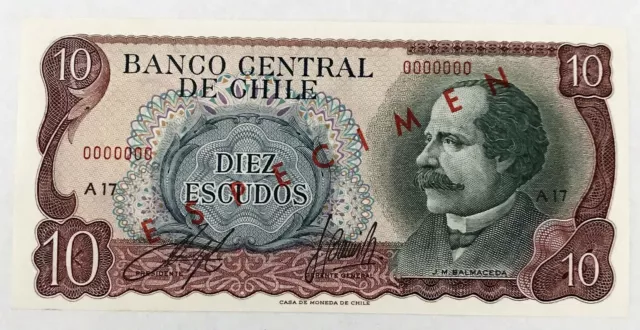 Chile 1970 . 10 Escudos Banknote . Specimen . Uncirculated