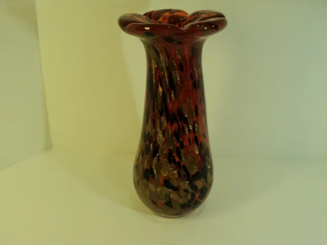 Vintage Tall, Red, Orange Hand Blown Ruffle Top, Art Glass vase. Murano Style