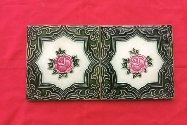 2 Piece Old Art Flower Design Embossed Majolica Ceramic Tiles Japan 167