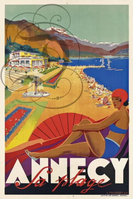 Repro Deco Affiche Tourisme Annecy Plage Sable Savoie Sur Papier 310 Ou 190 Grs