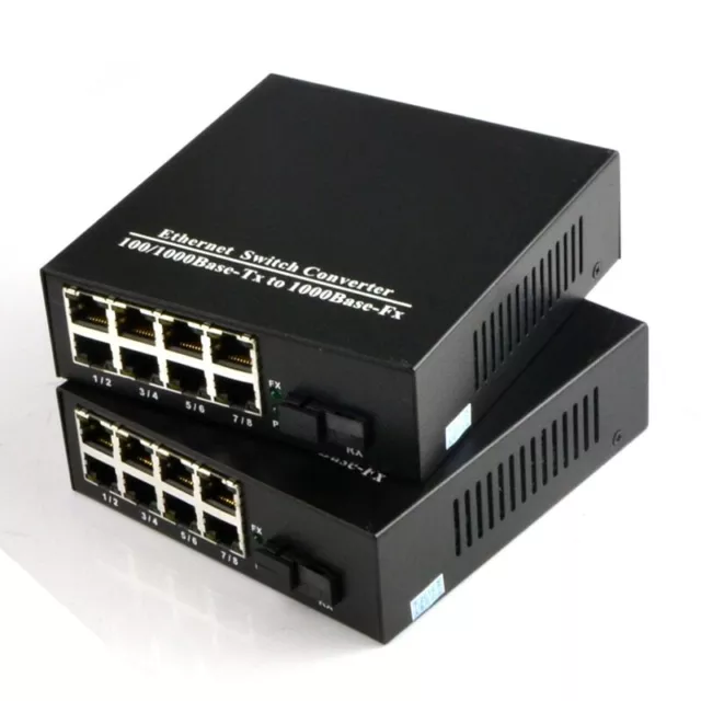 1 Pair 10/100/1000Mbps Fiber Optic Ethernet Media Converter 8 RJ45 Port 1SC Port