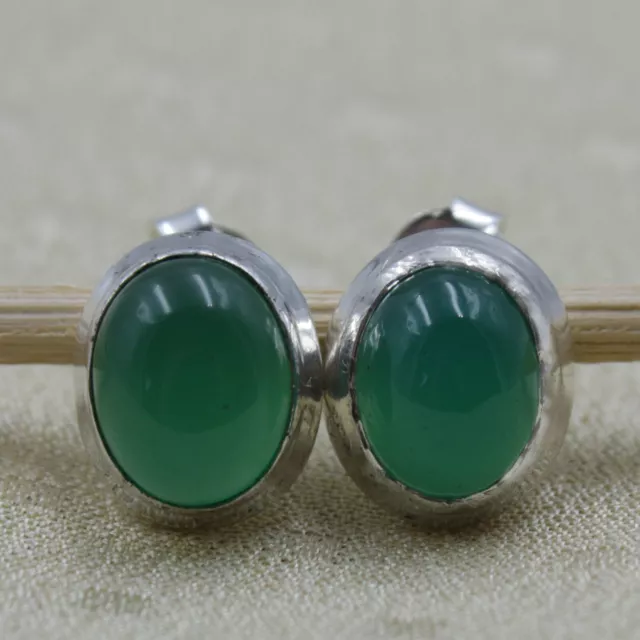 Pendientes de Plata de Ley 925 Calcedonia Verde Cabujón Jade Pendientes Ovalo 2