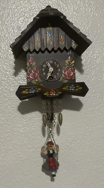 Vintage German Miniature Cuckoo Clock Swinging Girl Flowers Hand Painted