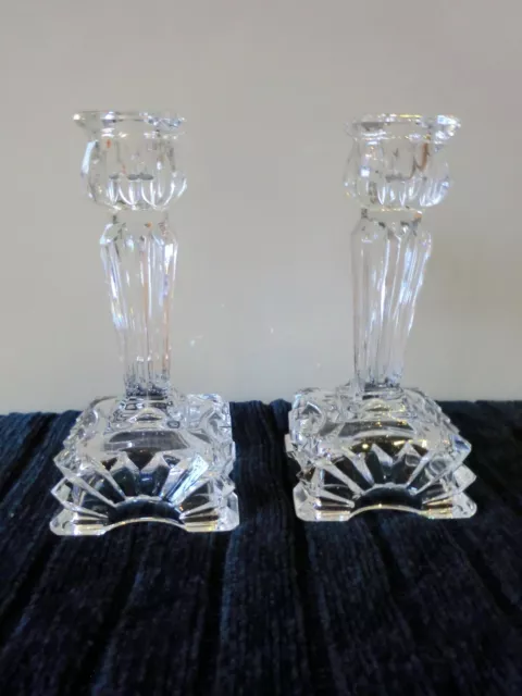 Candlesticks A Pair In Clear Glass Art Deco Style Pattern 5 1/2 " ( 14 Cm ) Vgc.