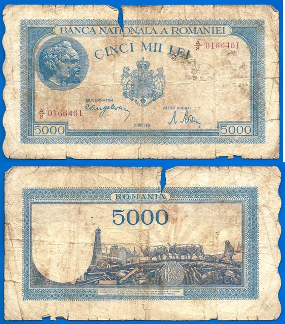 Romania 5000 Lei 1944 Serie A2 Centrale Europe Banknote Free Shipping Worldwide