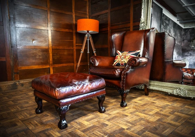 Tetrad Compton John Lewis Antique Tan Brown Leather Chesterfield Chair & Stool
